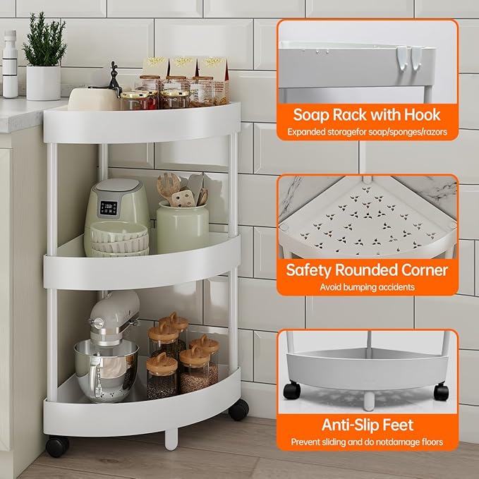 Rolling Cart with Wheels 3 Tier Bathroom Organizer Mobile Shelving Unit Utility Cart Tower Rack Multifunction Utility Storage carts, Kitchen Storage Organizer for Kitchen Laundry Narrow Places, White