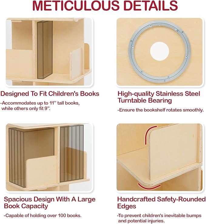 Monläurd® 100% Birch Rotating Bookshelf for Kids, 360° Spinning Montessori Bookcase, Space-Saving Wooden Storage for Nursery, Playroom & Classroom
