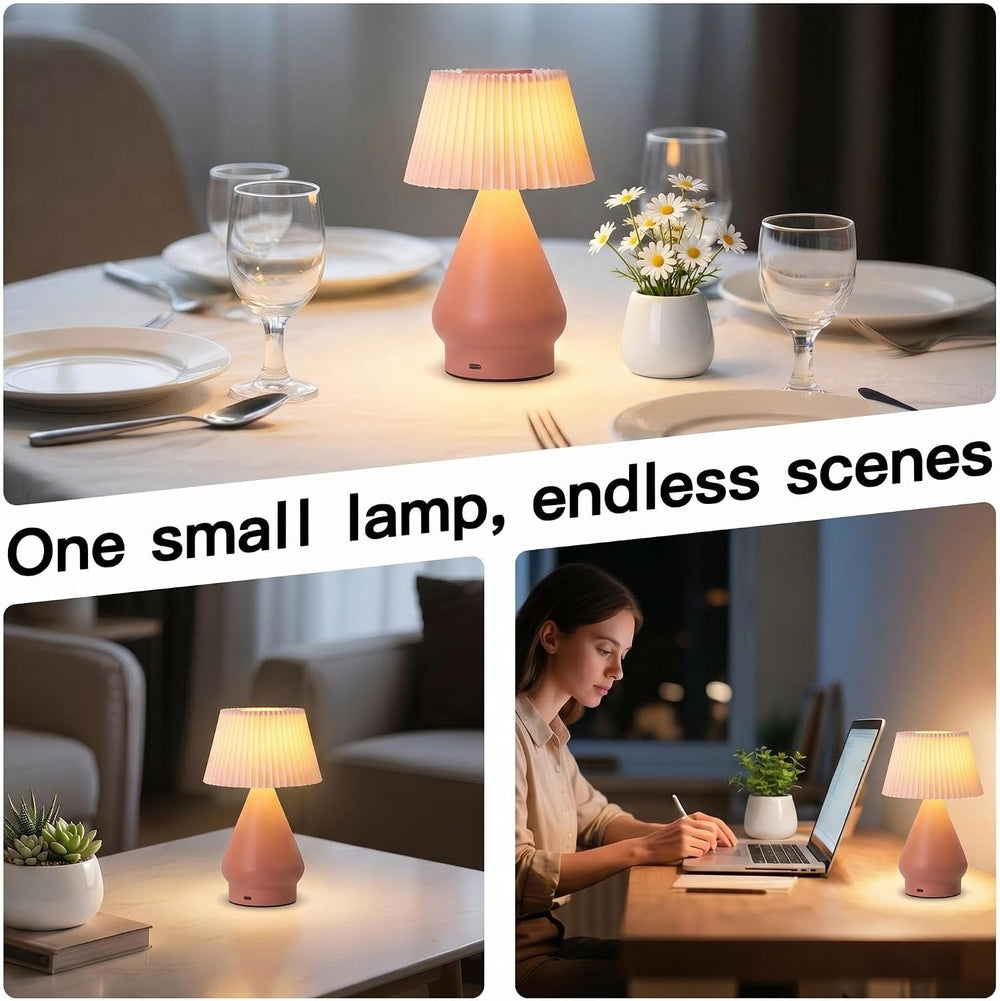 Cordless Rechargeable Small Pink Bedside Touch Table Lamp,Pleated Shade