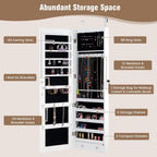 HAPPYGRILL Over the Door Jewelry Organizer, Hanging Jewelry Storage Cabinet w/Full-Length, Inner Makeup Mirror, Earring Shelves, Ring Slots, 25 Necklace Hooks, Wall Mounted Jewelry Armoire for Women