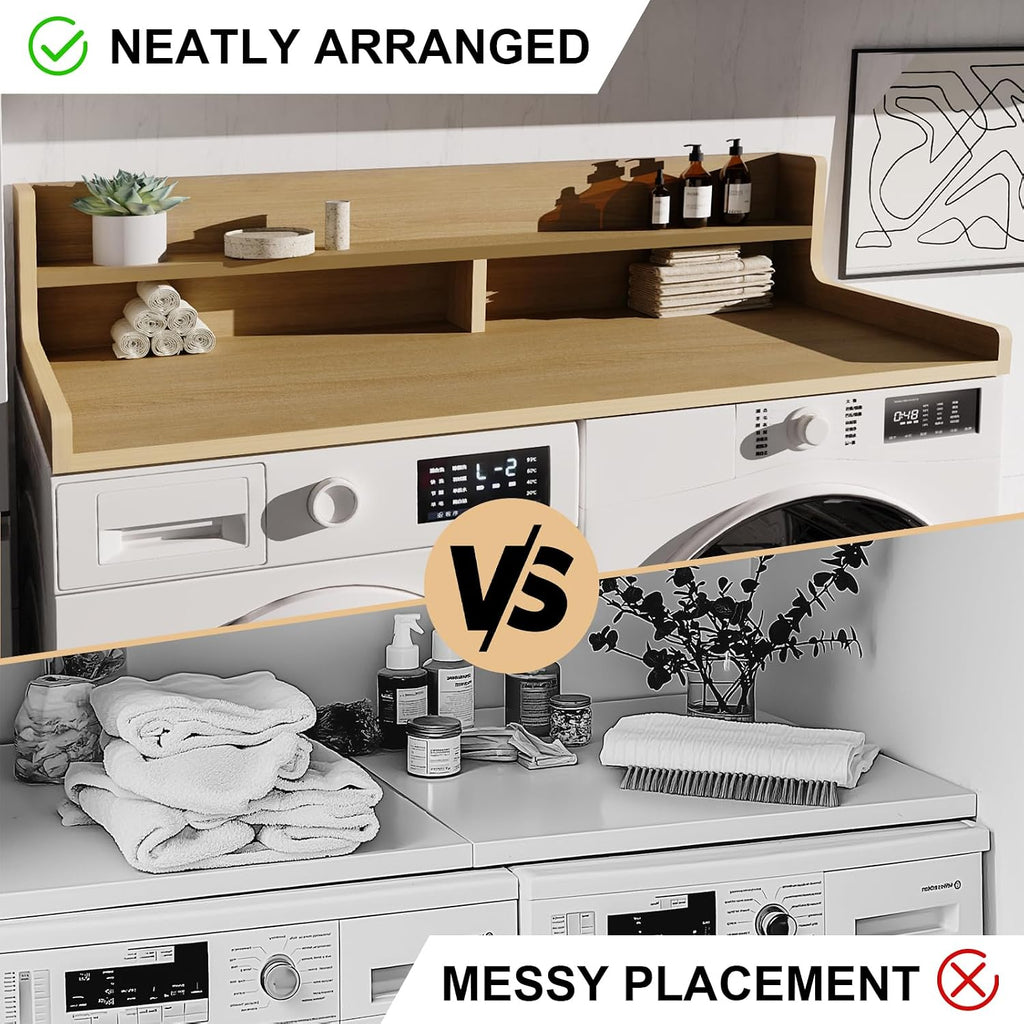 Washer Dryer Countertop, 54" x 27.55" 2-Tier Washer Dryer Topper with Edge, for Laundry Room Organization Oak