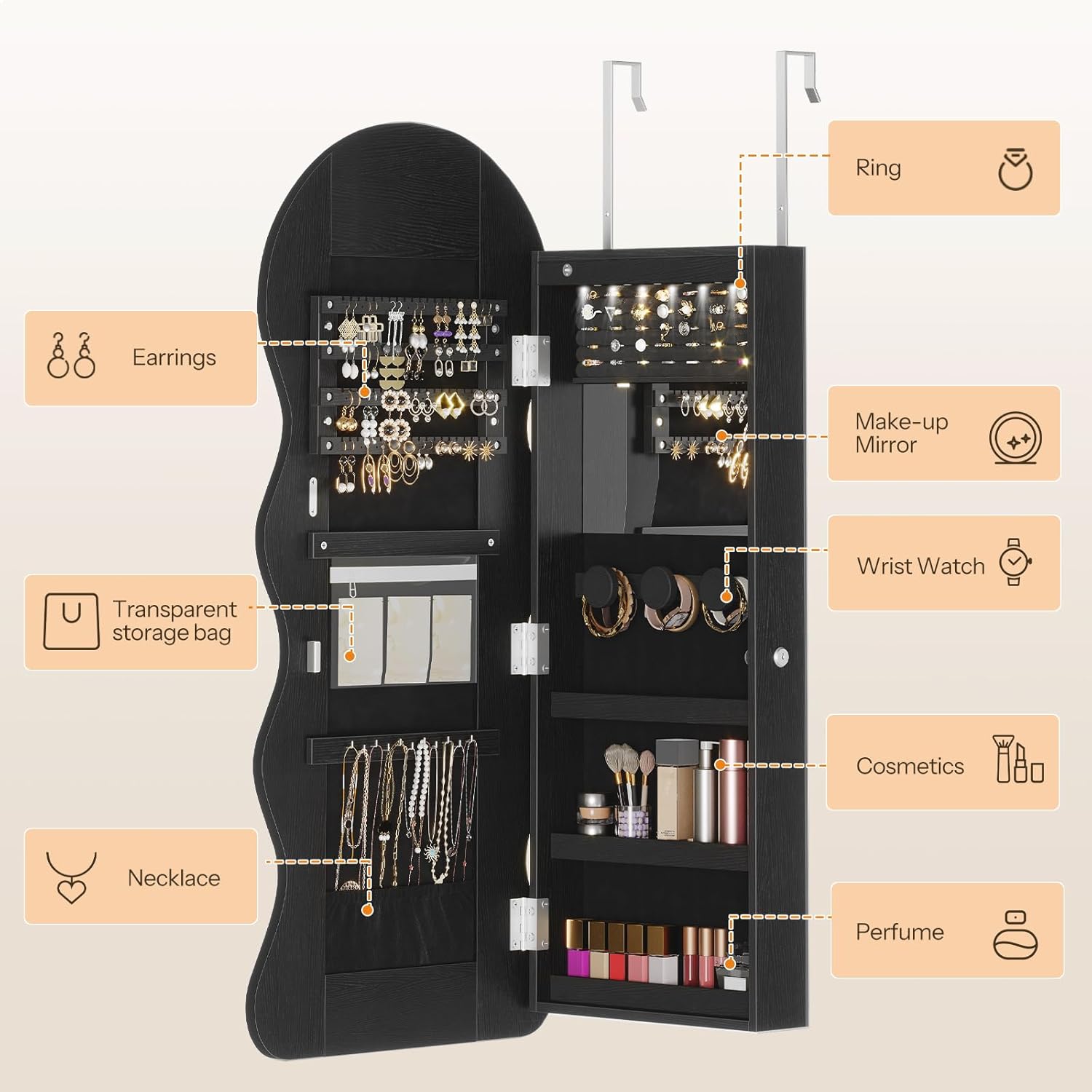 HOOBRO LED Mirror Jewelry Cabinet, Wall/Door Mounted Jewelry Organizer, Jewelry Aromire with Wavy Mirror Full Length, Lockable Cosmetics Storage Cabinet, Interior Mirror, 16.5" x 4.1" x 43.3", Black