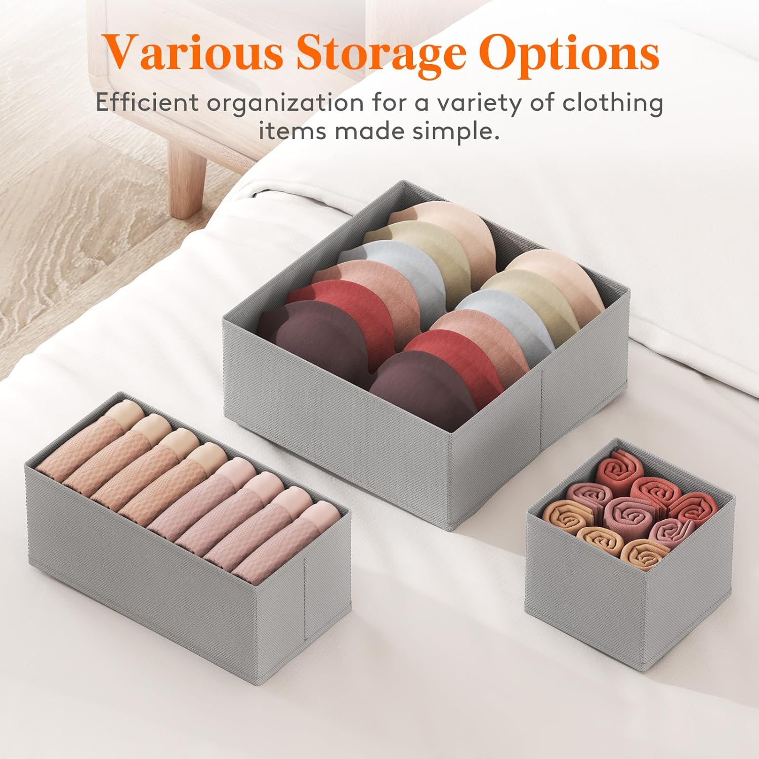 Lifewit Drawer Organizer Clothes for Closet 24 Pack, 3 Sizes Underwear Wardrobe Drawer Dividers, Fabric Foldable Dresser Storage Organizer Bins for Sock, Bra, Lingerie, Undies, Grey