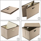 PRANDOM Large Collapsible Storage Baskets with Lids [5-Pack] Jute Fabric Foldable Storage Bins Boxes Organizer Containers Cube with Cover for Home Bedroom Closet Office Nursery (17.7x11.8x11.8)