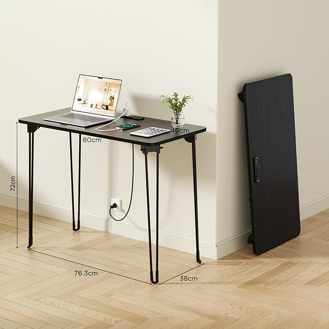 Folding Desk, 31.5" Hairpin Legs Small Desk with Power Strip for Bedroom, Space Saving Foldable Computer Desk for Home Office, No Assembly Need, Black