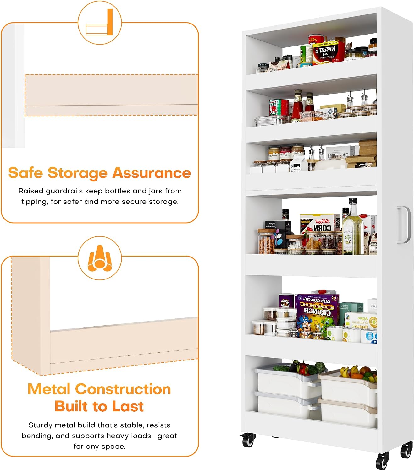 Slim Storage Cart, Lightweight 6 Tier Metal Rolling Utility Kitchen Cart on Wheels, Mobile Storage Shelving Unit Organizer for Bathroom Laundry Office Narrow Places (White, 10" D)