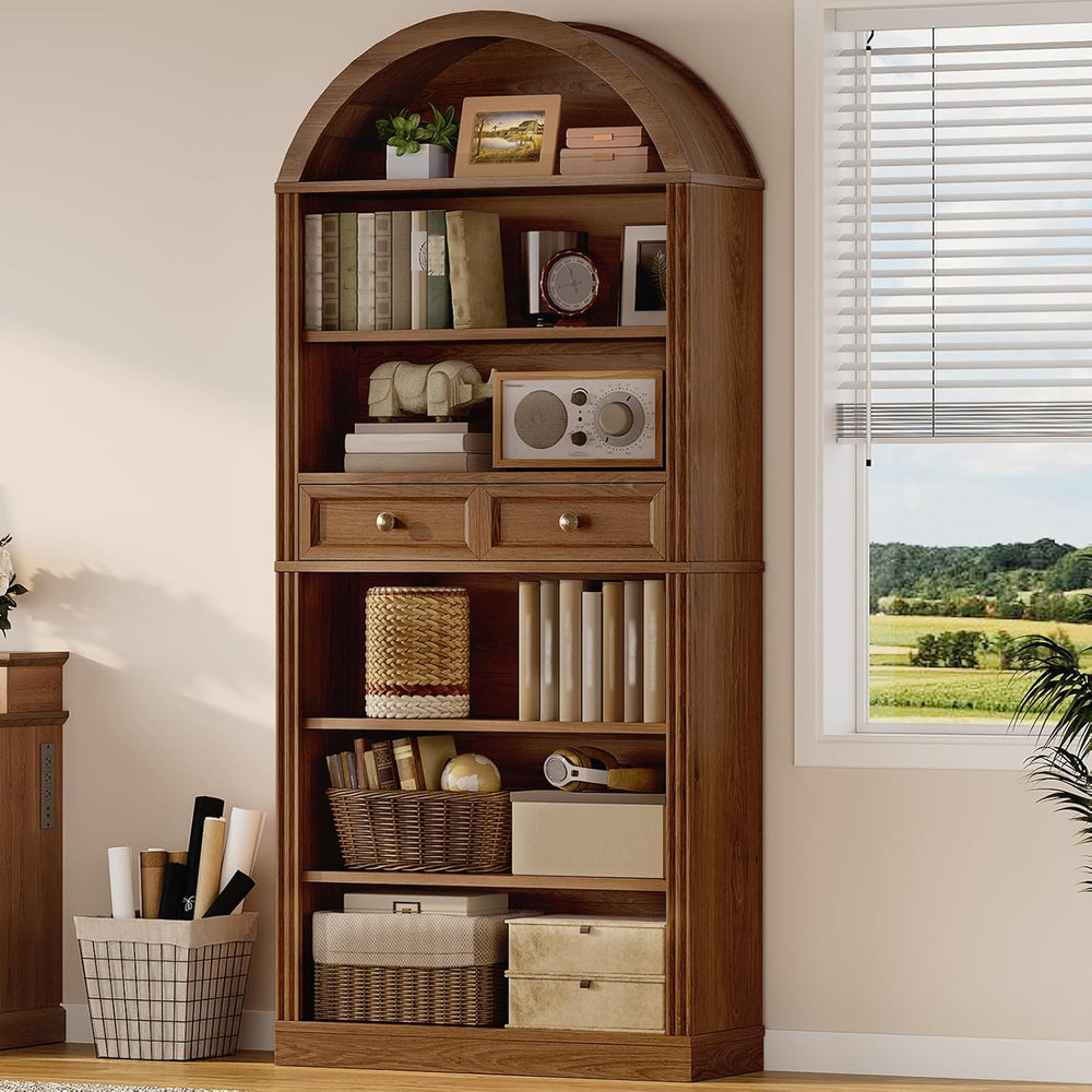 RALGEND Arched Bookshelf, 73" Tall Arch Bookcase with Drawers, Farmhouse...