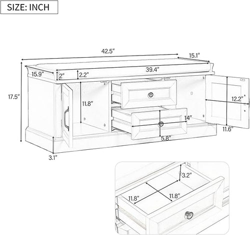 42″ Storage Bench with 2 Drawers and 2 Cabinets，Multipurpose Entryway Shoe Rack W/Removable Cushion，for Living Room Hallway Porch,Gray Wash
