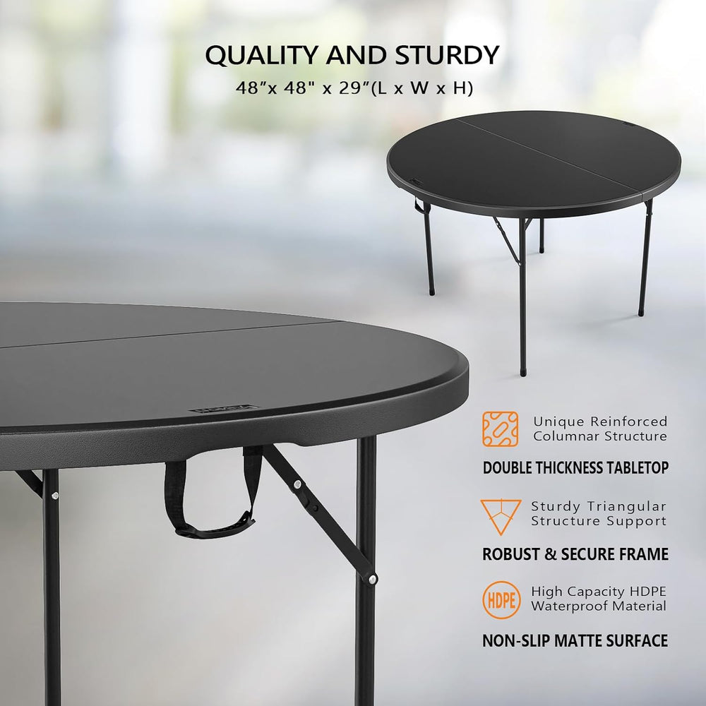 VINGLI Black 48" Round Bi-Folding Commercial Table, 4 Feet Portable Plas...