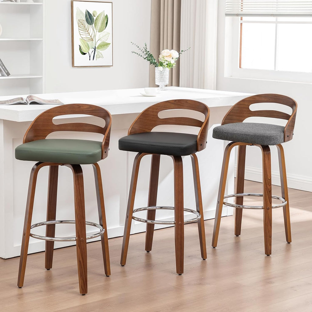Swivel Bar Stools Set of 3, 30 inch Mid Century Bar Stools with Bentwood Curved Back, Walnut Craftsmanship, Upholstered Faux Leather, Bar Height BarStools for Bar/Cafe/Pub (Beige, 30" Seat Height)