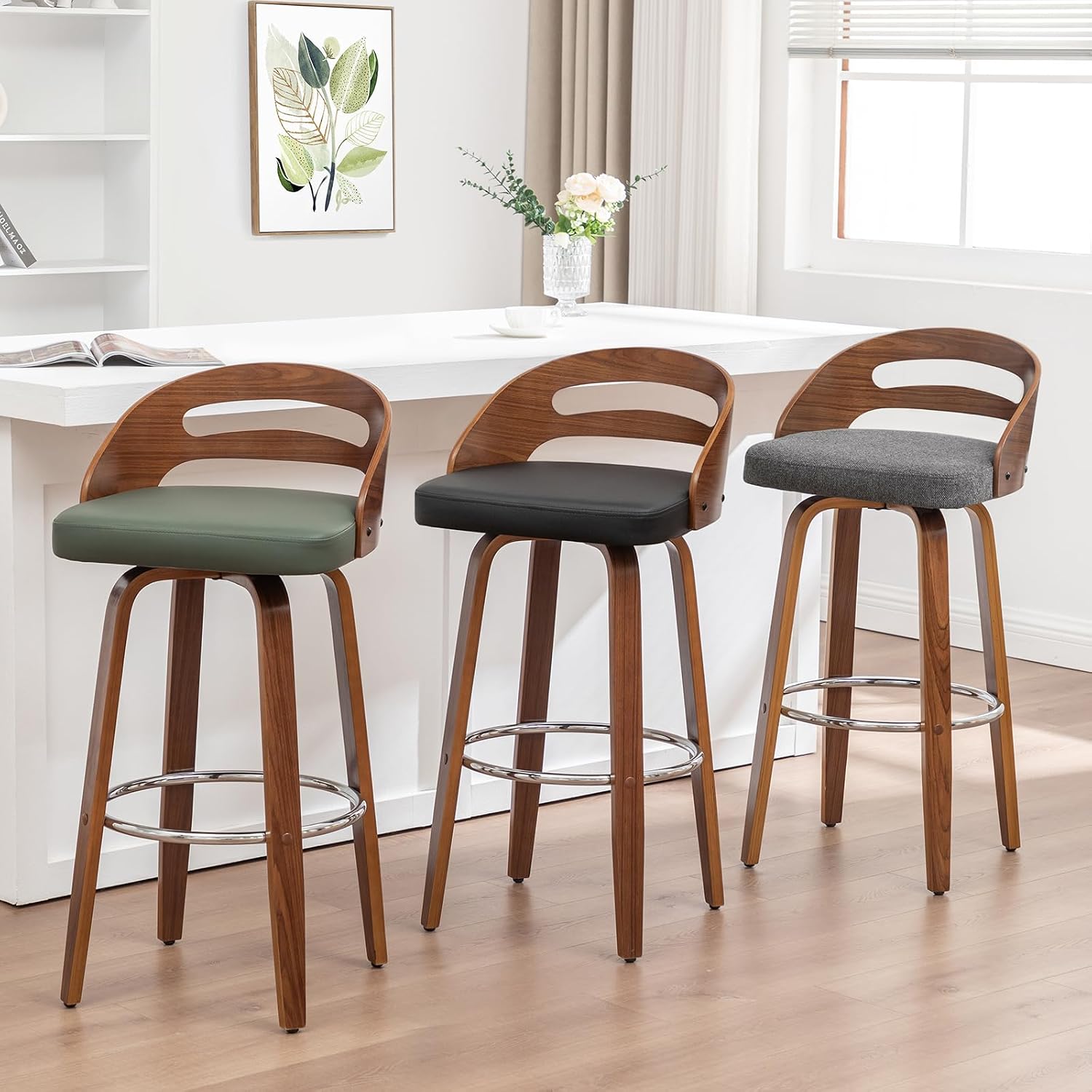 Swivel Bar Stools Set of 3, 30 inch Mid Century Bar Stools with Bentwood Curved Back, Walnut Craftsmanship, Upholstered Faux Leather, Bar Height BarStools for Bar/Cafe/Pub (Beige, 30" Seat Height)