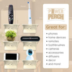 Power Perch Horizontal Wall Outlet Shelf with Cord Storage Strap - Declutter & Reclaim Bathroom Counter Space - Alexa Stand, Apple Homepod Shelf, Toothbrush Holders Wall Mounted - Almond, 1-Pack