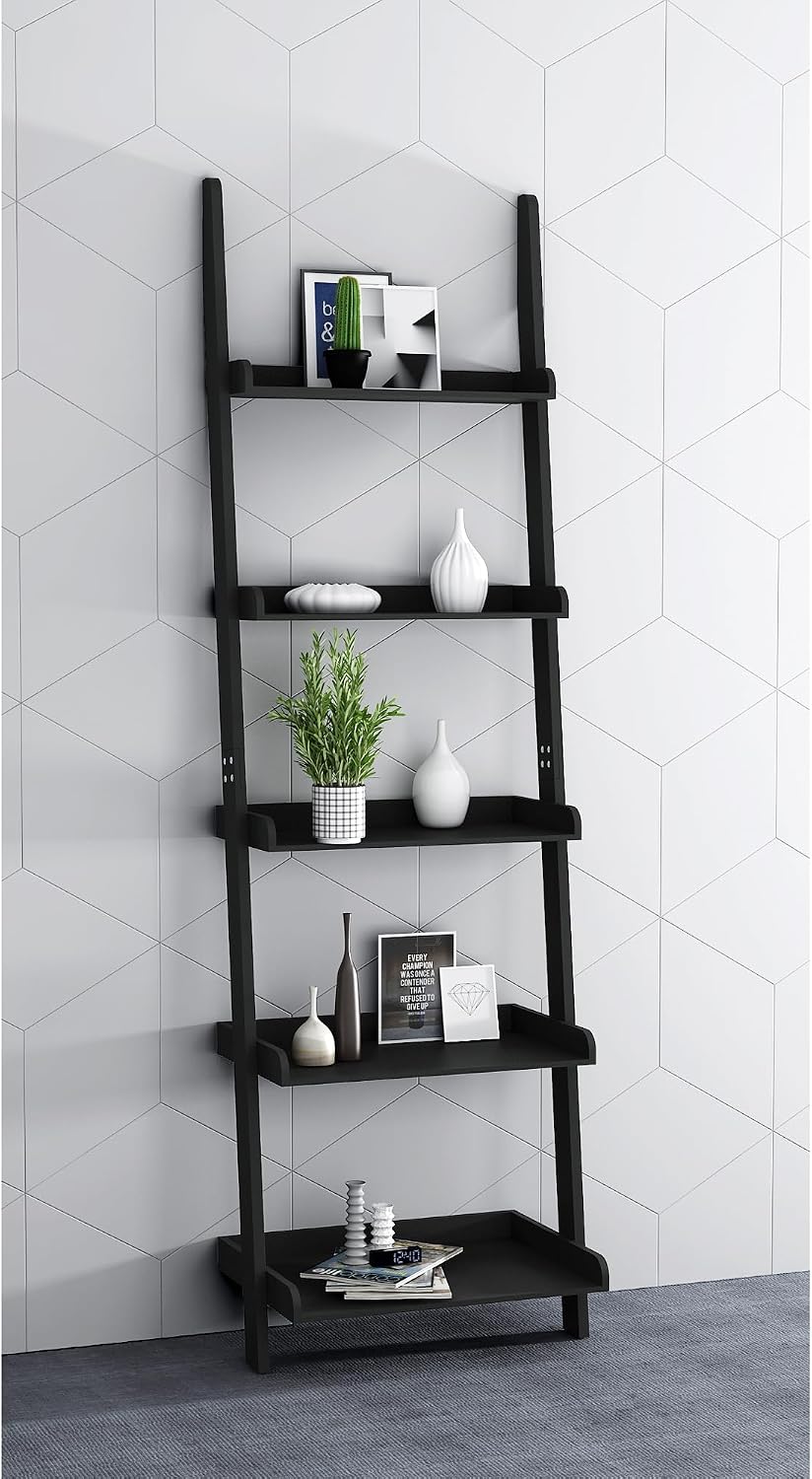 Modern 5 Tier Leaning Wall Ladder Bookshelf, Black, 70 Inches | Storage Rack, Organizer