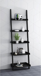 Modern 5 Tier Leaning Wall Ladder Bookshelf, Black, 70 Inches | Storage Rack, Organizer