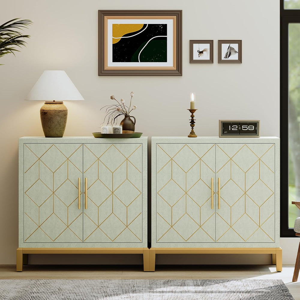 HLR Green Accent Cabinet with Gold Trim,Storage Cabinet with 2 Doors,Modern W...