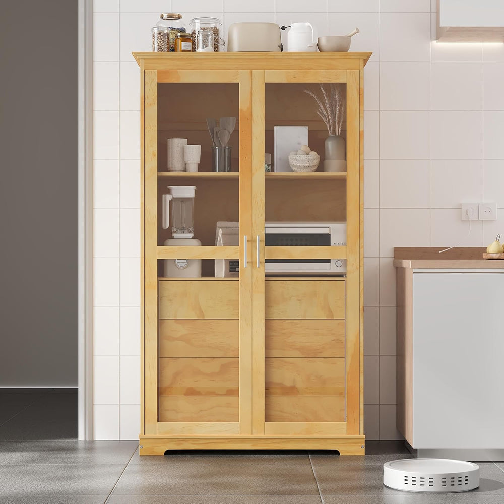 44.7" Wide Pine Wood Kitchen Pantry Cabinet with Glass Doors 4 Drawers a...