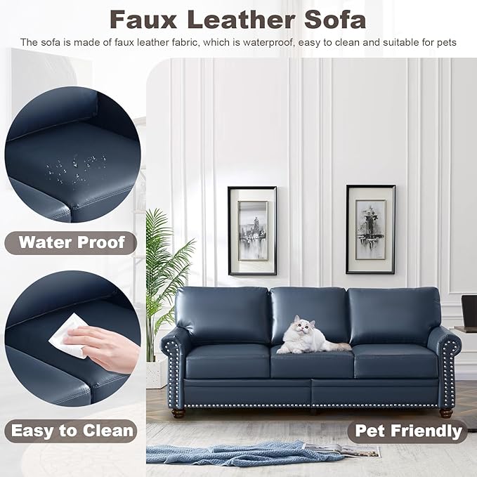 2 Piece Faux Leather Sofa Set,Modern Chair and Couch Sets with Storage,Mid Century Couch with Rivet Rolled Arm,Comfy Deep Seat Sofa,Furniture for Living Room,Office(Armchair+3 Seater,Navy Blue)