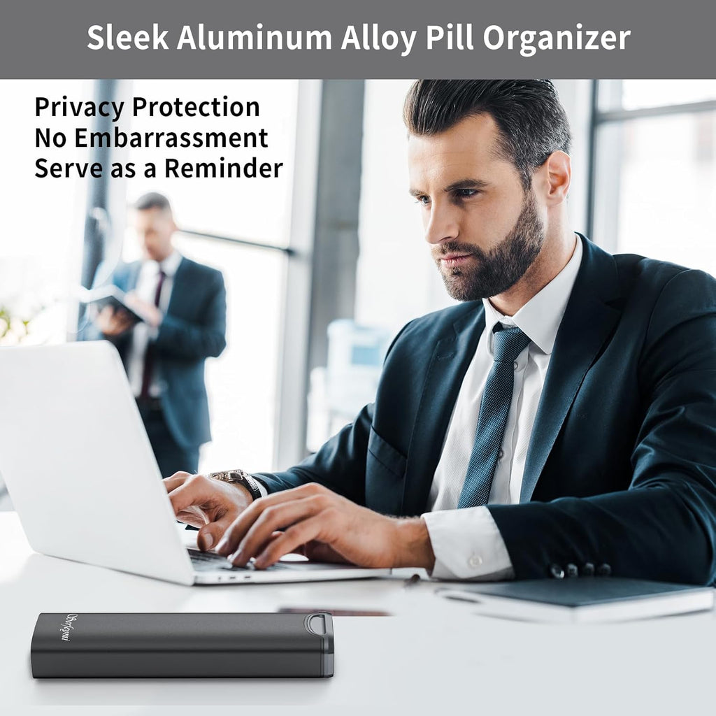 Metal Weekly Pill Organizer, Serfeymi Aluminum Daily Pill Box(Spare Gasket Provided),7 Day Pill Case Travel Medicine Organizer,Pill Containers with Individual Lid for Vitamins,Pills, Supplement-Black