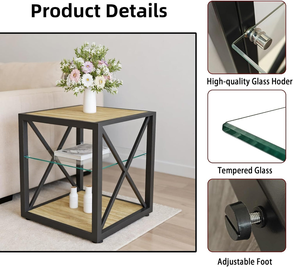 Modern End Table with Tempered Glass Shelf and Natural Wood MDF, Industrial M...