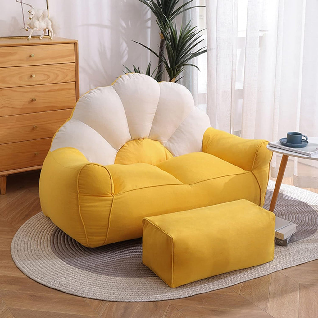 HWOEK Lazy Sofa Bean Bag Chair w/Footstool Lounger Seat - No Filler, Soft Beanbag Cover, Stuffed Animal Storage or Memory Foam Lounger Seat, Beige Yellow Stitching