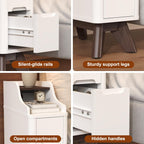 Narrow Nightstand with Drawers, Wood Night Stand with Charger Station, Narrow Bedside Table Modern Side Table Skinny End Table for Bedroom, White