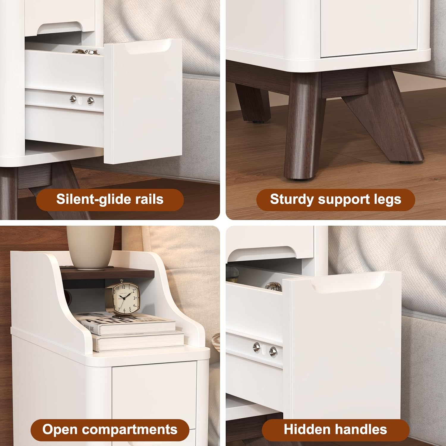 Narrow Nightstand with Drawers, Wood Night Stand with Charger Station, Narrow Bedside Table Modern Side Table Skinny End Table for Bedroom, White