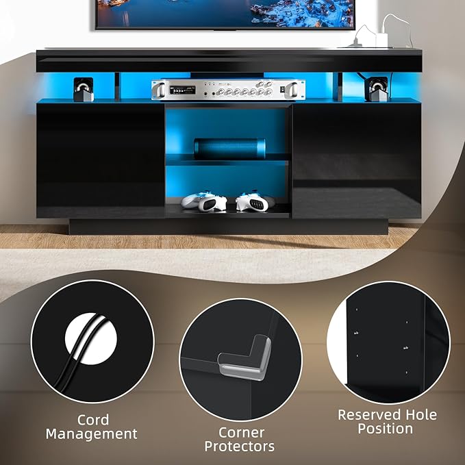 HOMMPA Modern LED TV Stand for 55/50/43/40/32 inch TV with Power Outlets, Gaming TV Consoles with Storage Entertainment Center with LED Lights Game Cabinet for Living Room Black