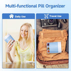 Daviky Pill Bottle Organizer, Supplement Organizer with 7 Large Compartments, Travel Pill Dispenser Round Pill Box with Two Lids（Blue）