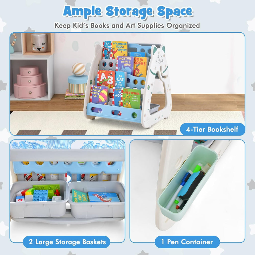 HONEY JOY Kids Table and Chair Set, 3 in 1 Convertible Art Easel & Display Bookshelf w/Magnetic Painting Board, Bottom Storage Shelf, Children Activity Table Set for Drawing Reading (Blue)