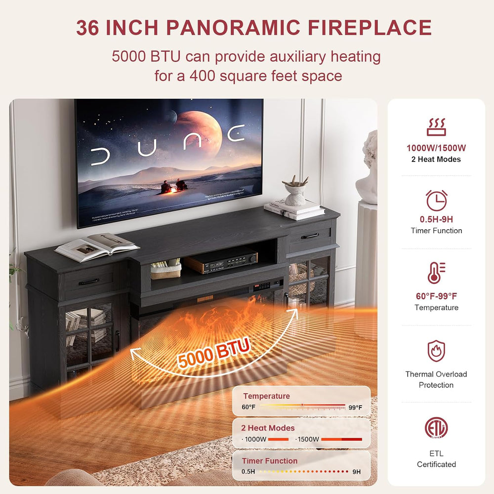 oneinmil 70" Fireplace TV Stand with 3-Sided Glass Fireplace, Modern Woo...