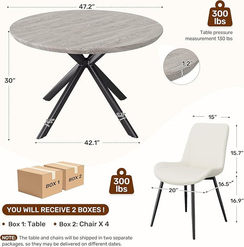47.2" 5-Piece Round Dining Table Set for 4, Modern Wood Dining Table with 4 Upholstered Chairs, Kitchen & Dining Room Table Set with Metal Base for Apartment, Small Space, Grey Table+4 Beige Chairs