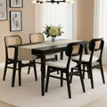 Rattan Dining Chairs Set of 4 Black Linen Fabric Dining Room Chairs Natural Wooden Kitchen Chairs Farmhouse Boho