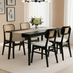Rattan Dining Chairs Set of 4 Black Linen Fabric Dining Room Chairs Natural Wooden Kitchen Chairs Farmhouse Boho