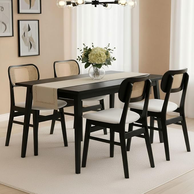 Rattan Dining Chairs Set of 4 Black Linen Fabric Dining Room Chairs Natural Wooden Kitchen Chairs Farmhouse Boho