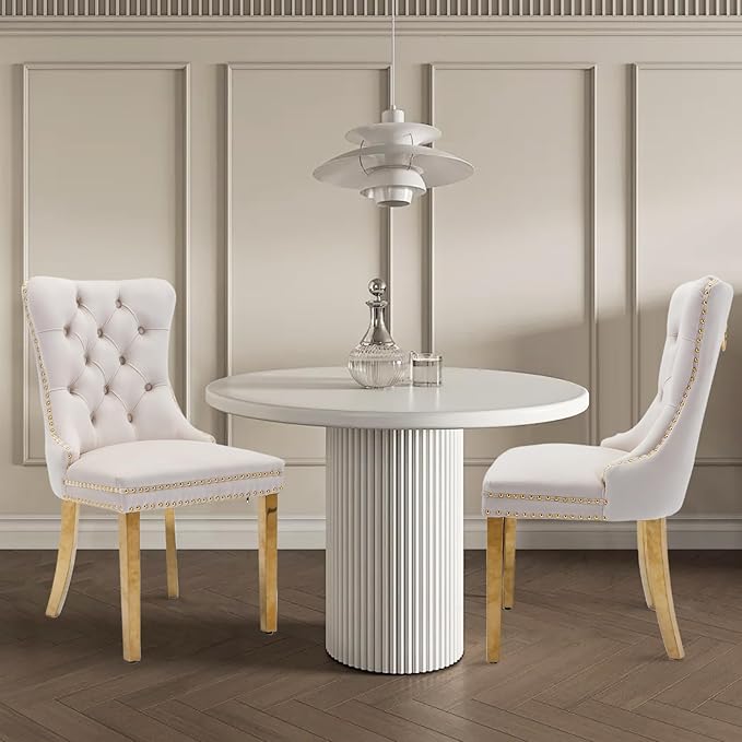 Velvet Upholstered Dining Chairs Set of 2, Modern Style Kitchen Side Chairs with Nailhead Trim and Gold Plated Leg, Metal Pulling Ring for Dining Room Living Room(Beige-Gold Plated Leg)