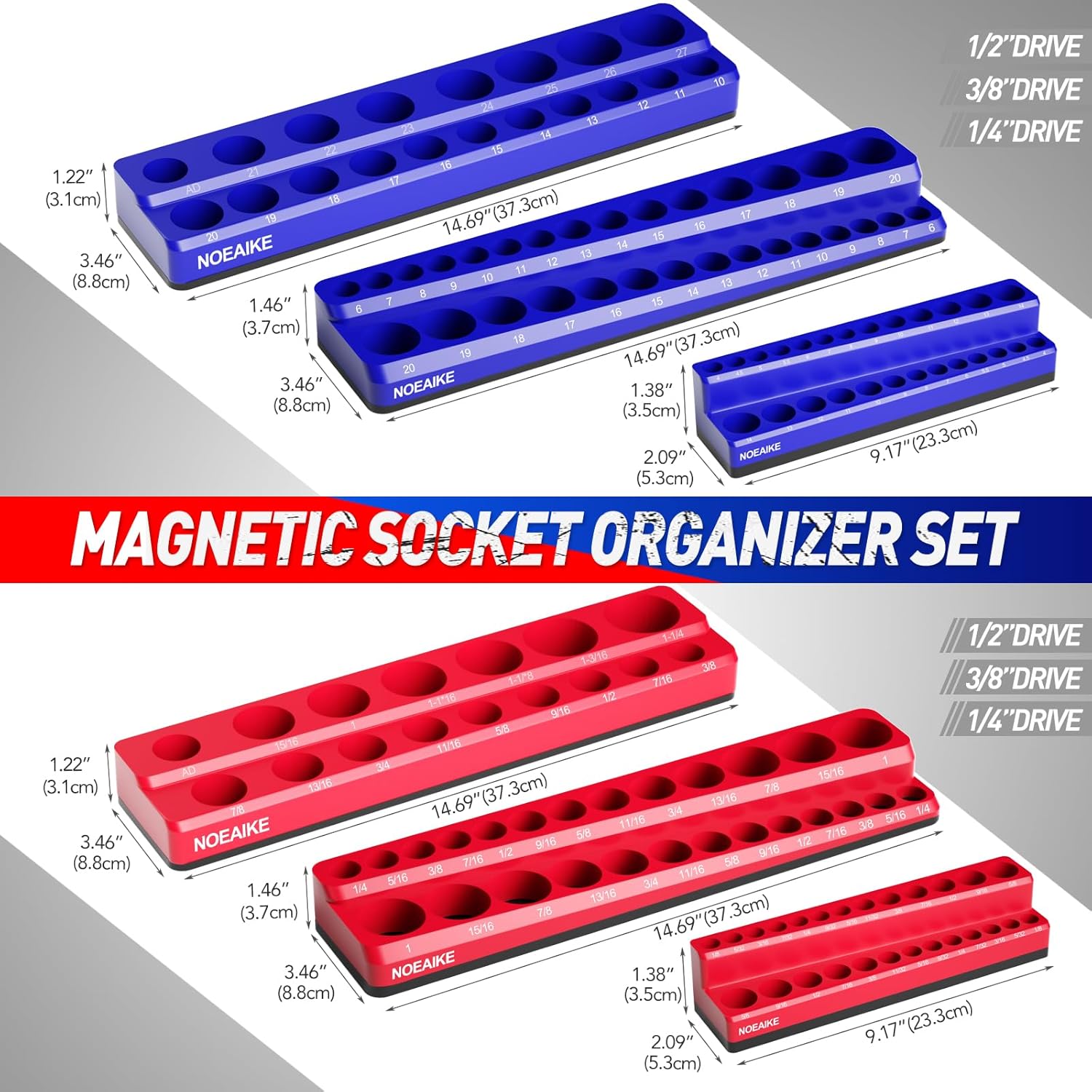 Magnetic Socket Organizer,6-Pack SAE & Metric 1/2,3/8,1/4 Inch Drive Sockets Holder,Holds 141 Standard/Deep Sockets,Blue and Red Magnetic Socket Tray(Sockets Not Included)