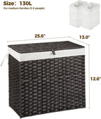 Greenstell Laundry Hamper with Wheels&Lid, 130L Large 3 Sections Clothes Hamper with 2 Types Removable Liner Bags, 5 Mesh Laundry Bags, Handwoven Divided Laundry Basket Black