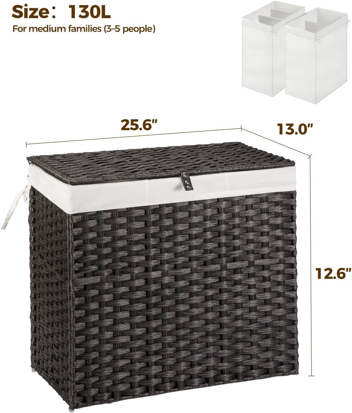 Greenstell Laundry Hamper with Wheels&Lid, 130L Large 3 Sections Clothes Hamper with 2 Types Removable Liner Bags, 5 Mesh Laundry Bags, Handwoven Divided Laundry Basket Black