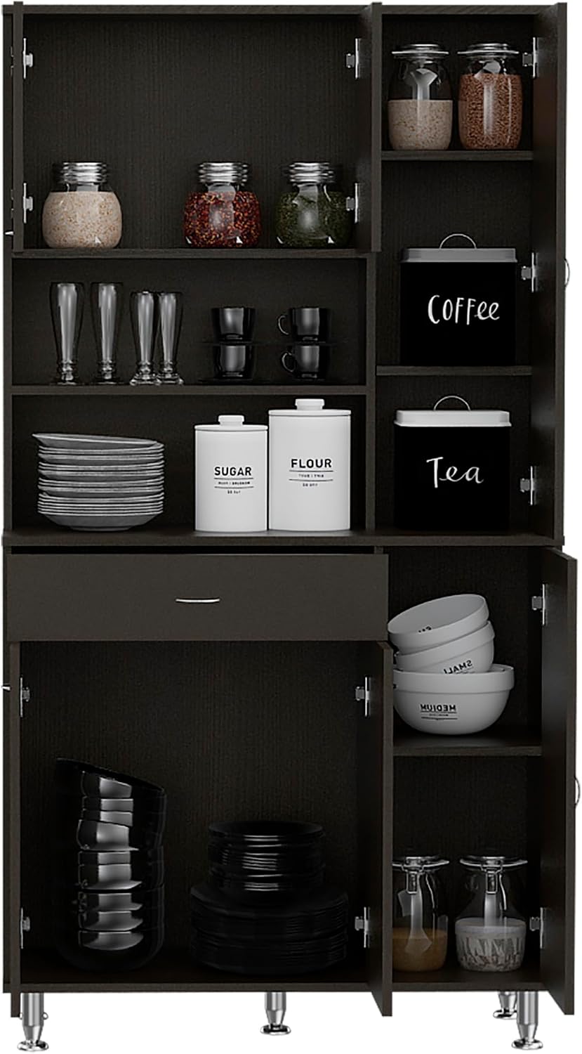 Kitchen Pantry Cabinet, Two Open Shelves, One Drawer, Multiple Cabinets, Black