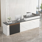 Receptionist Desk with LED Light，Wooden Salon Checkout Counter with Storage Drawer & Keyboard Tray Modern L-Shaped Reception Desk for Barbershop Office Company Store