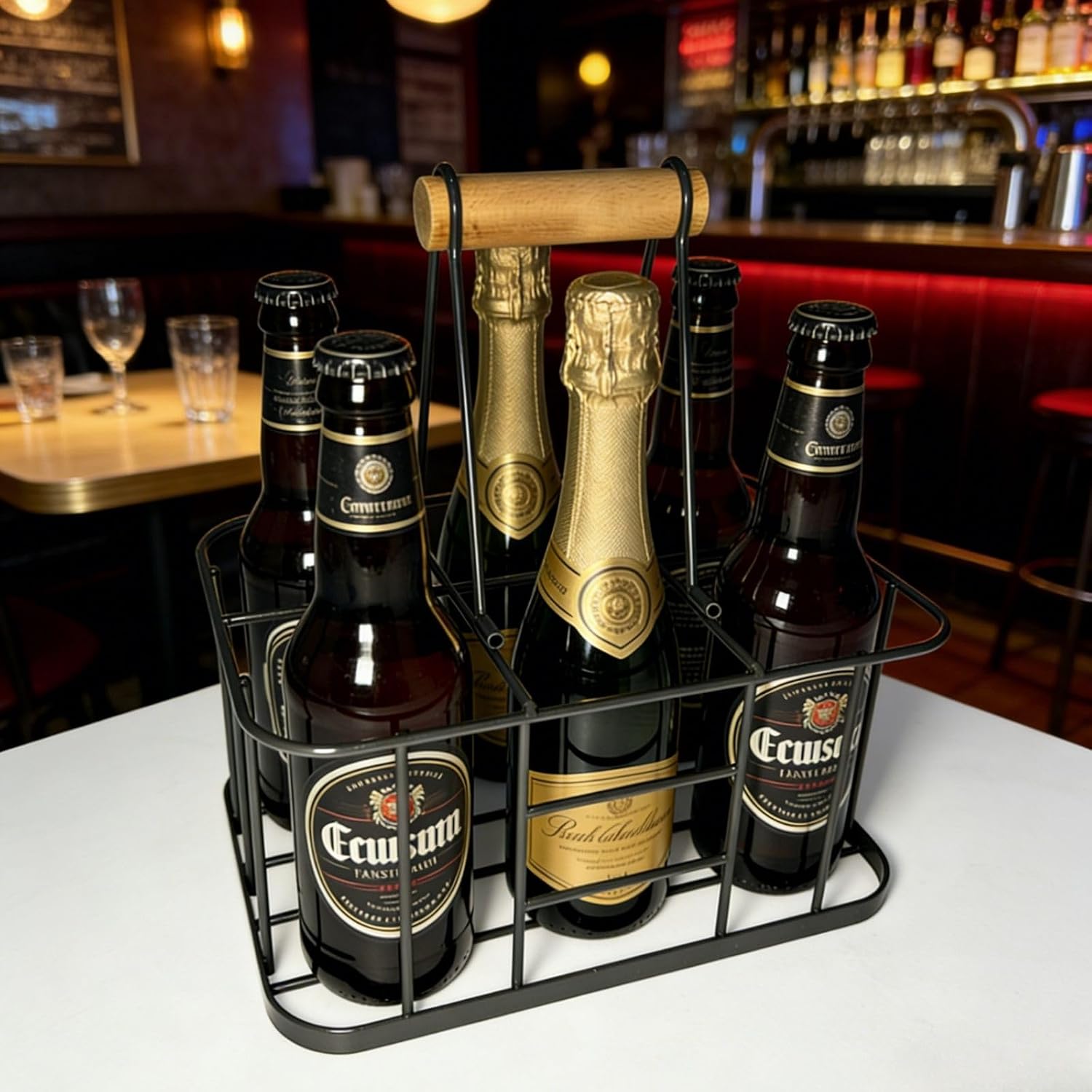Metal Wine Bottle Carrier, 6 Bottle Wine Basket, Vintage Metal Bottle Holder with Wood Handle for Farmhouse Decorative Bar BBQ Picnic