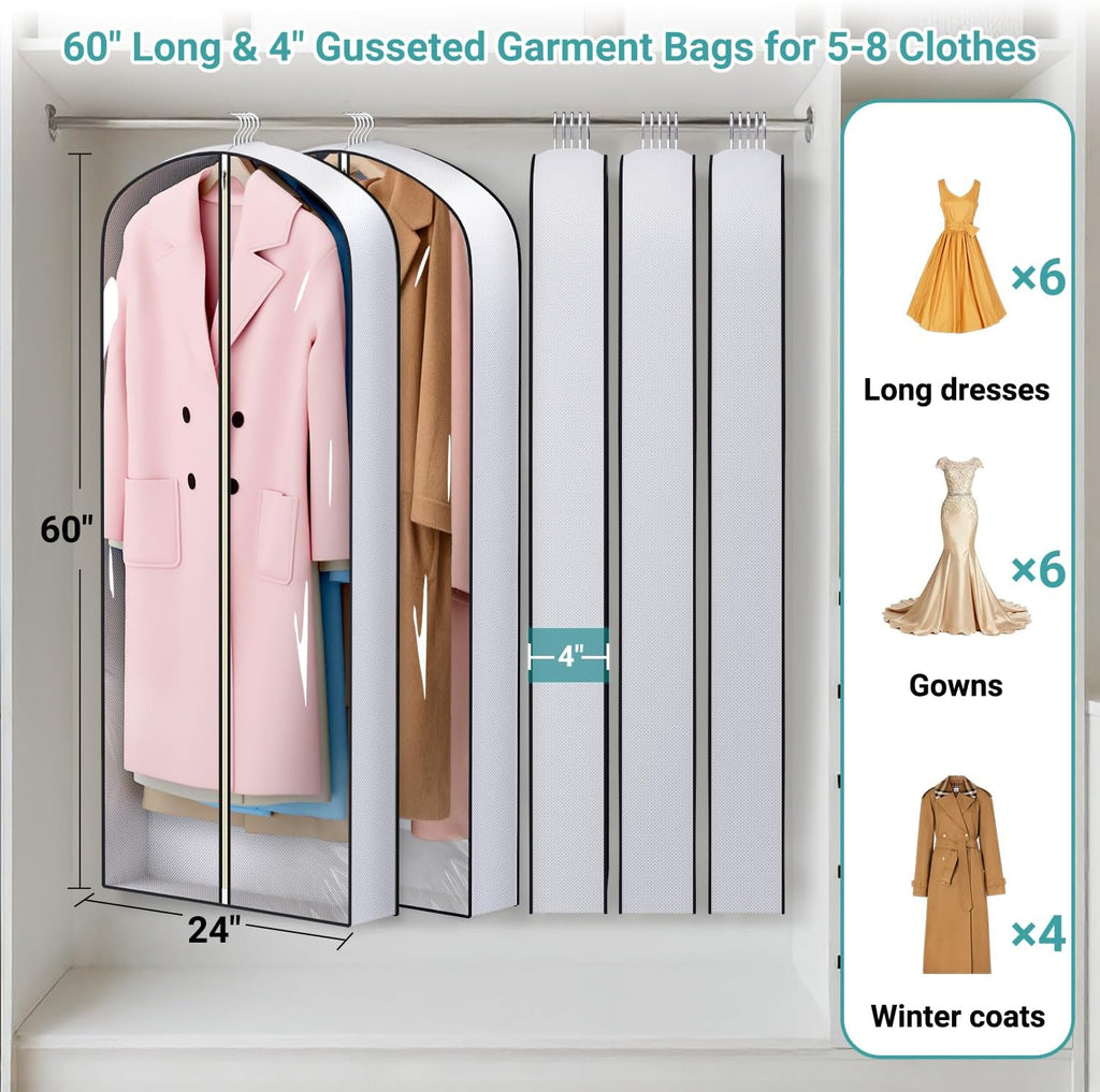 SLEEPING LAMB 60" Long Hanging Garment Bags for Closet Storage Gusseted Clear Dress Bag for Clothes, Gowns, Coats, Suits, 5 Packs