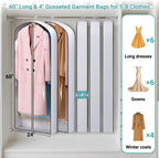 SLEEPING LAMB 60" Long Hanging Garment Bags for Closet Storage Gusseted Clear Dress Bag for Clothes, Gowns, Coats, Suits, 5 Packs