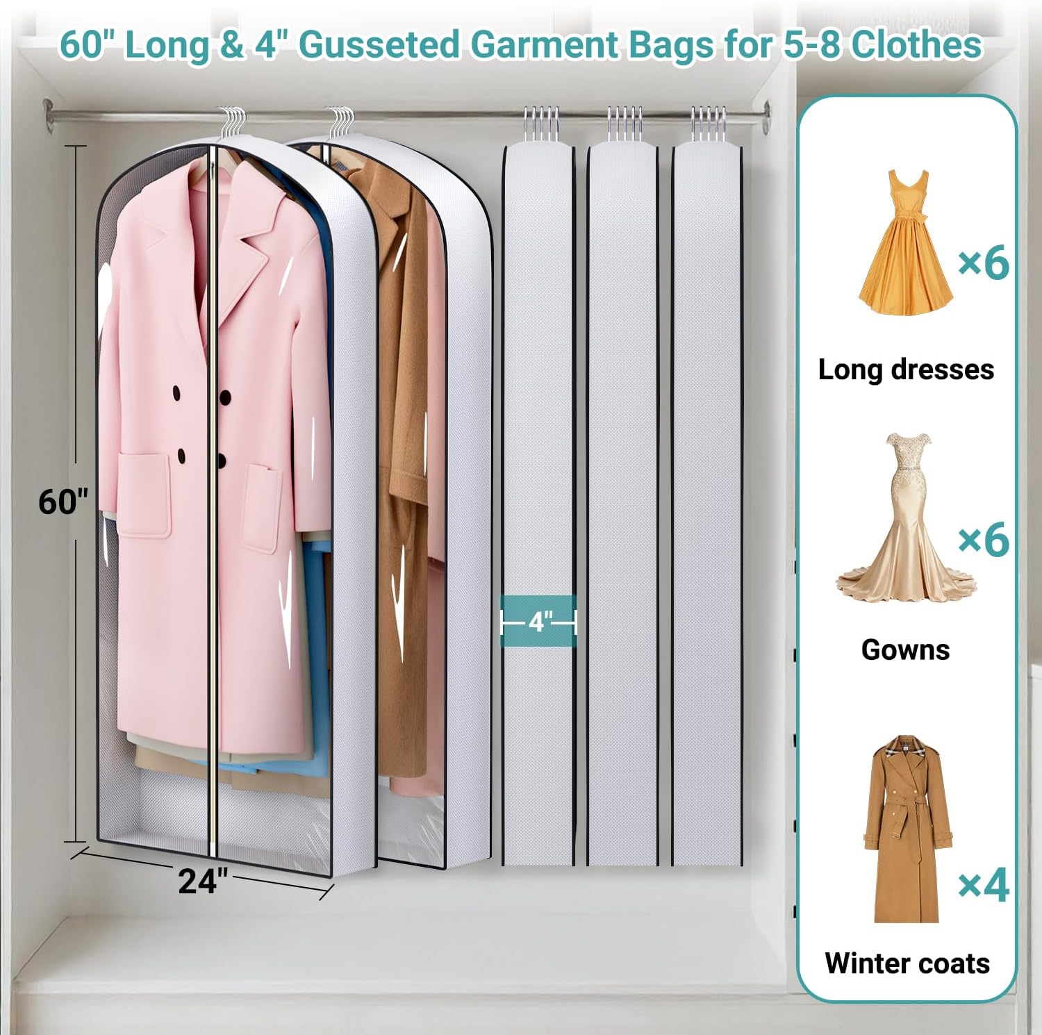 SLEEPING LAMB 60" Long Hanging Garment Bags for Closet Storage Gusseted Clear Dress Bag for Clothes, Gowns, Coats, Suits, 5 Packs