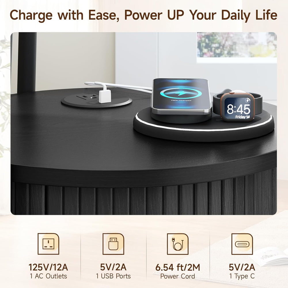 ONBRILL Round Side Table with Storage, Fluted Nightstand with Charging Statio...