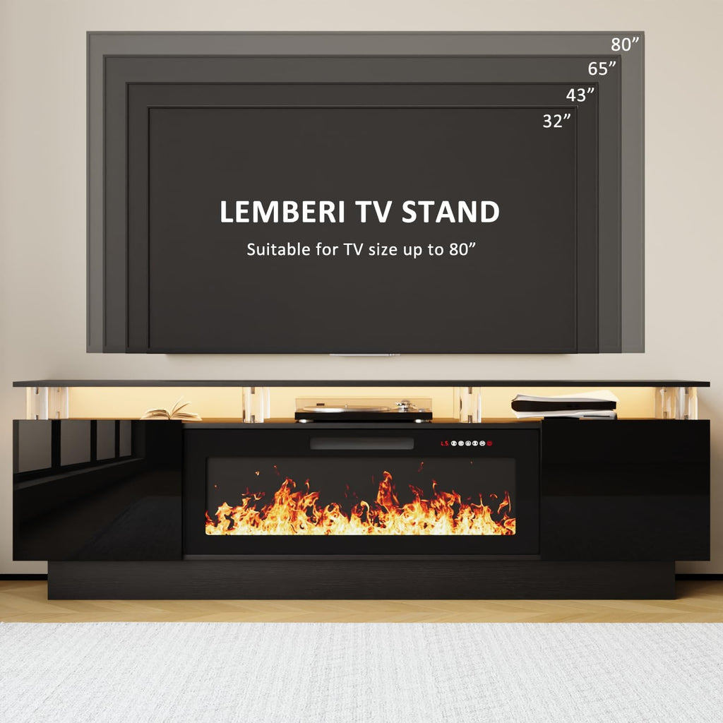 70" Fireplace TV Stand for TVs up to 80 Inches with 36'' Electric Fireplace & Remote, Modern Entertainment Center with LED Light,Woodeen TV Console for Living Room, 8 Acrylic Posts, Black