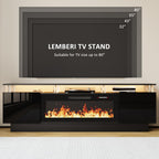70" Fireplace TV Stand for TVs up to 80 Inches with 36'' Electric Fireplace & Remote, Modern Entertainment Center with LED Light,Woodeen TV Console for Living Room, 8 Acrylic Posts, Black