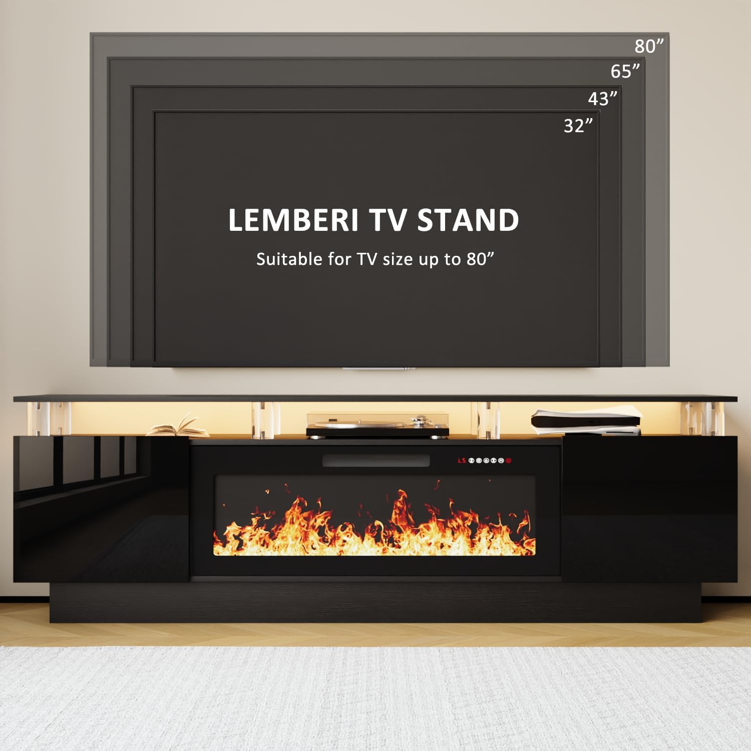 70" Fireplace TV Stand for TVs up to 80 Inches with 36'' Electric Fireplace & Remote, Modern Entertainment Center with LED Light,Woodeen TV Console for Living Room, 8 Acrylic Posts, Black