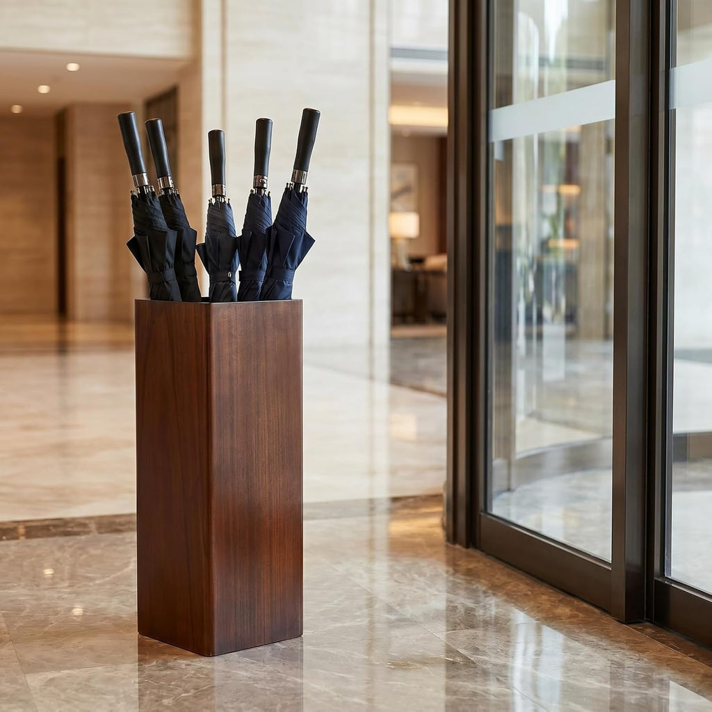 OUNONA Solid Wood Umbrella Stand Elegant Entryway Organizer for Indoor and Outdoor Use Heavy Duty Umbrella Holder for Lobbies Dark Walnut