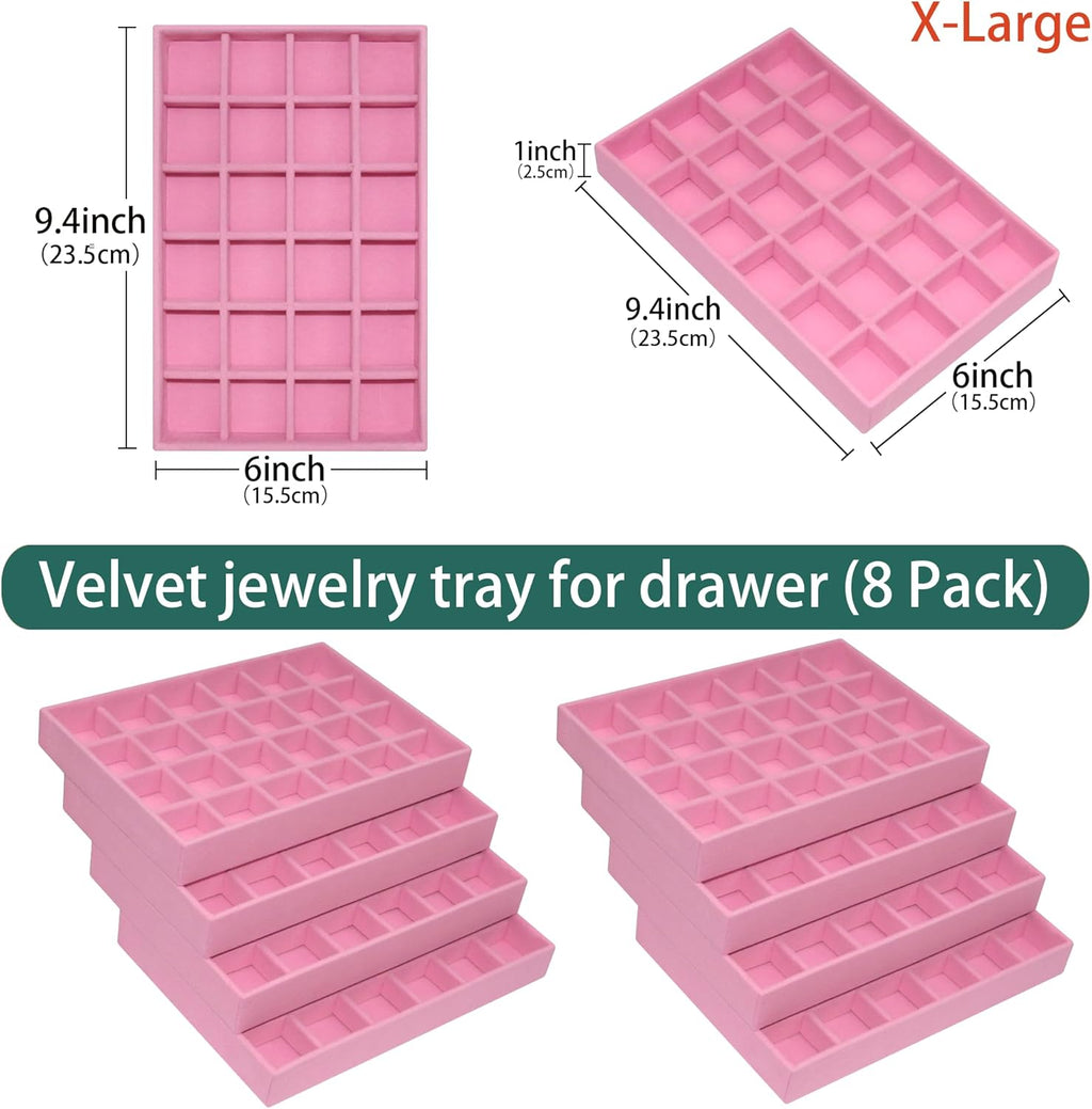 24-Grid Stackable Jewelry Organizer Tray Velvet Jewelry Storage Holder for Drawer Inserts Jewellery Display Box Case for Women Earring Rings Stud Necklaces (Set of 8, Pink